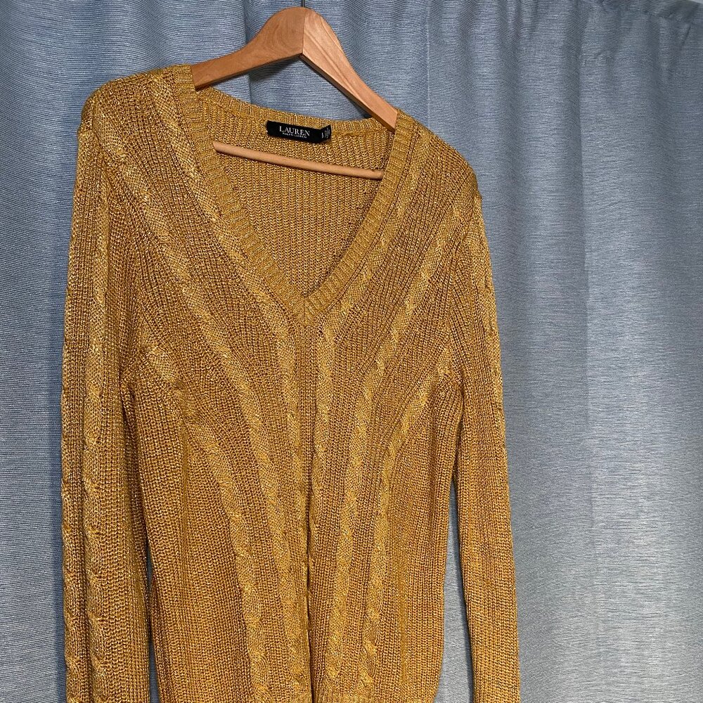 NWOT Gold Metallic Shimmer V Neck Cable Knit Sweater Cotton